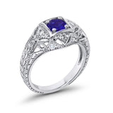 Antique Style Wedding Ring Round Simulated Blue Sapphire CZ 925 Sterling Silver