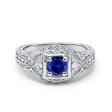 Antique Style Wedding Ring Round Simulated Blue Sapphire CZ 925 Sterling Silver
