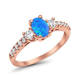 Oval Rose Tone, Lab Created Blue Opal Wedding Ring 925 Sterling Silver