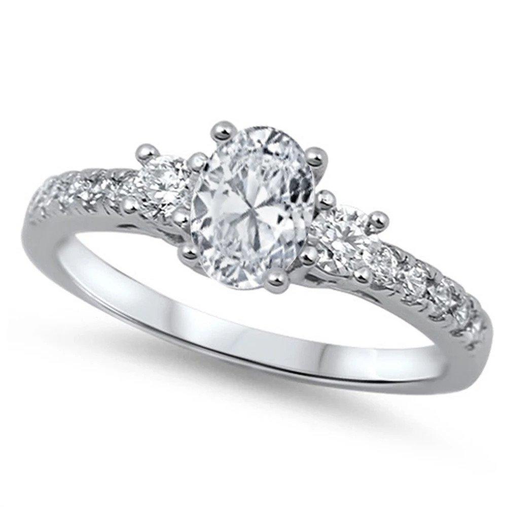 3 Stone Engagement Ring Oval Simulated CZ 925 Sterling Silver