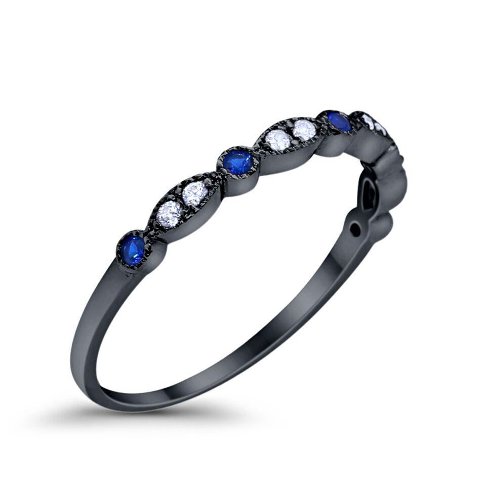 Art Deco Wedding Eternity Ring Black Tone, Simulated Blue Sapphire CZ 925 Sterling Silver