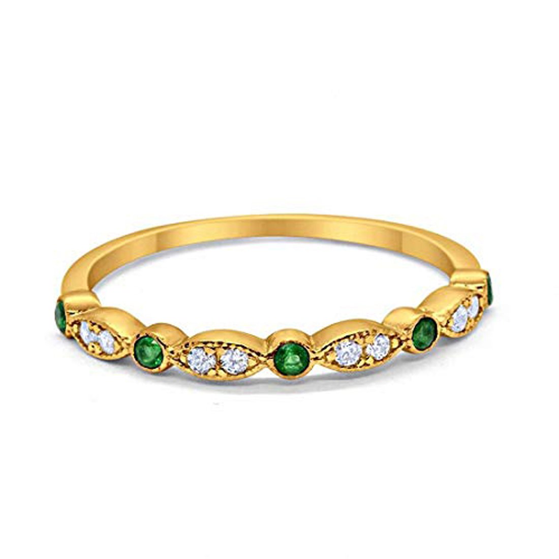 Half Eternity Wedding Band Round Yellow Tone, Simulated Green Emerald CZ 925 Sterling Silver