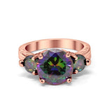 Three Stone Ring Round Rose Tone, Simulated Rainbow CZ 925 Sterling Silver