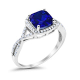 Halo Infinity Shank Engagement Ring Cushion Round Simulated Blue Sapphire CZ 925 Sterling Silver
