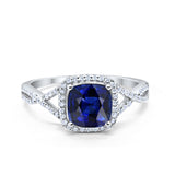 Halo Infinity Shank Engagement Ring Cushion Round Simulated Blue Sapphire CZ 925 Sterling Silver