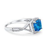 Halo Infinity Shank Engagement Ring Cushion Round Simulated Blue Topaz CZ 925 Sterling Silver