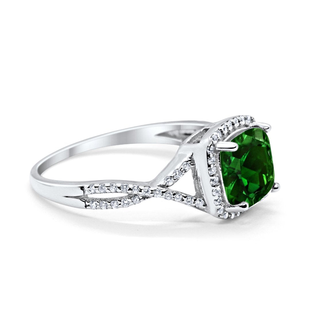 Halo Infinity Shank Engagement Ring Cushion Round Simulated Green Emerald CZ 925 Sterling Silver
