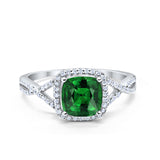 Halo Infinity Shank Engagement Ring Cushion Round Simulated Green Emerald CZ 925 Sterling Silver