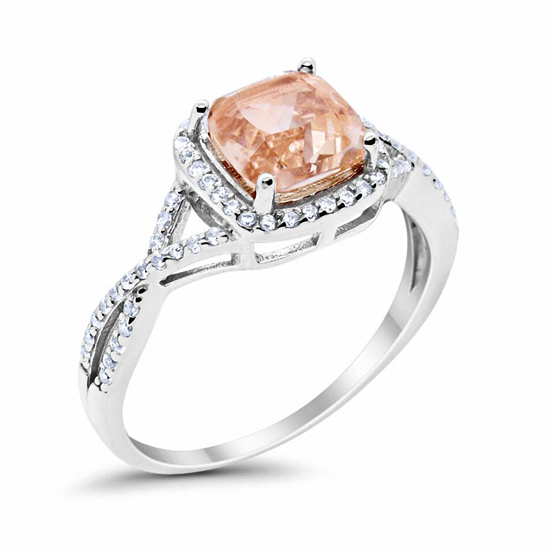 Halo Infinity Shank Engagement Ring Cushion Round Simulated Morganite CZ 925 Sterling Silver