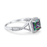 Halo Infinity Shank Engagement Ring Cushion Simulated Rainbow CZ 925 Sterling Silver
