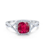 Halo Infinity Shank Engagement Ring Cushion Round Simulated Ruby CZ 925 Sterling Silver