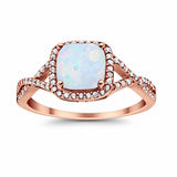 Halo Engagement Ring Rose Tone, Lab Created White Opal 925 Sterling Silver