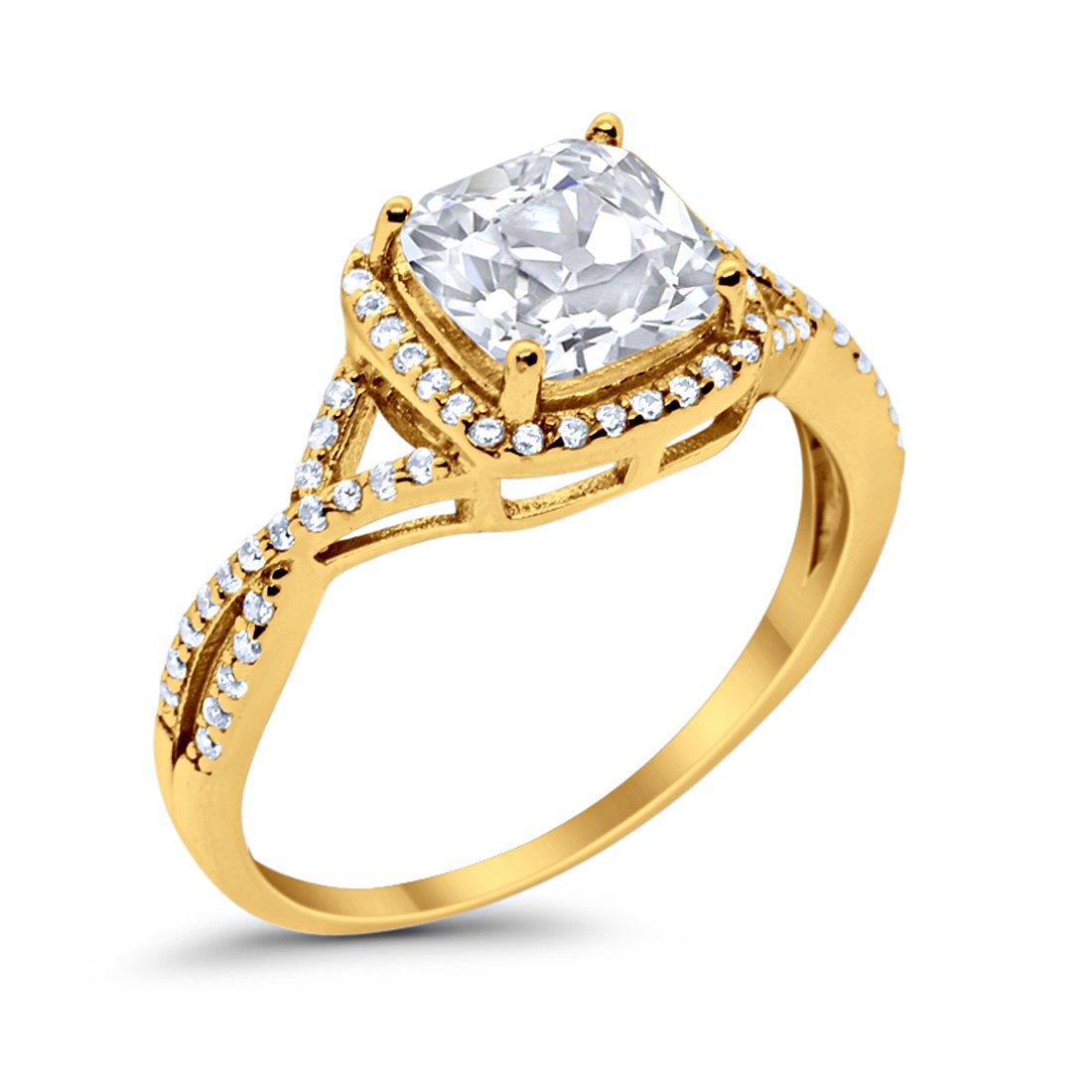 Halo Infinity Shank Engagement Ring Cushion Round Yellow Tone, Simulated CZ 925 Sterling Silver