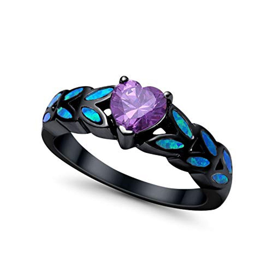 Heart Ring Simulated Amethyst Lab Blue Opal Black Tone 925 Sterling Silver