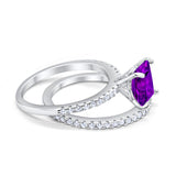 Two Piece Engagement Ring Asscher Cut Simulated Amethyst CZ 925 Sterling Silver