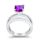 Two Piece Engagement Ring Asscher Cut Simulated Amethyst CZ 925 Sterling Silver