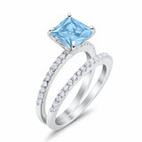Two Piece Engagement Ring Asscher Cut Simulated Aquamarine CZ 925 Sterling Silver