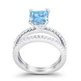 Two Piece Engagement Ring Asscher Cut Simulated Aquamarine CZ 925 Sterling Silver