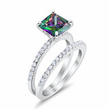 Two Piece Engagement Ring Asscher Cut Simulated Rainbow CZ 925 Sterling Silver