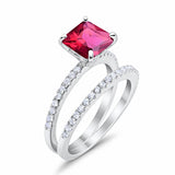 Two Piece Engagement Ring Asscher Cut Simulated Ruby CZ 925 Sterling Silver