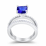 Two Piece Engagement Ring Asscher Cut Simulated Blue Sapphire CZ 925 Sterling Silver