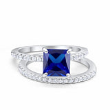Two Piece Engagement Ring Asscher Cut Simulated Blue Sapphire CZ 925 Sterling Silver