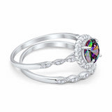 Two Piece Engagement Ring Round Simulated Rainbow CZ 925 Sterling Silver