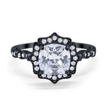 Halo Engagement Ring Cushion Black Tone, Simulated CZ 925 Sterling Silver