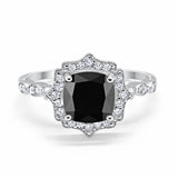 Halo Engagement Ring Cushion Simulated Black CZ 925 Sterling Silver