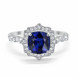 Halo Engagement Ring Cushion Simulated Blue Sapphire CZ 925 Sterling Silver