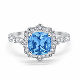 Halo Engagement Ring Cushion Simulated Blue Topaz CZ 925 Sterling Silver