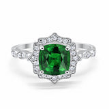 Halo Engagement Ring Cushion Simulated Green Emerald CZ 925 Sterling Silver