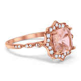 Halo Art Deco Engagement Ring Cushion Rose Tone, Simulated Morganite CZ 925 Sterling Silver