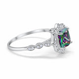 Halo Engagement Ring Cushion Simulated Rainbow CZ 925 Sterling Silver