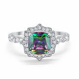 Halo Engagement Ring Cushion Simulated Rainbow CZ 925 Sterling Silver