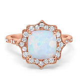 Halo Engagement Ring Cushion Rose Tone, Lab Created White Opal 925 Sterling Silver