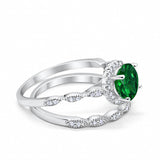 Two Piece Halo Wedding Ring Round Simulated Green Emerald CZ 925 Sterling Silver