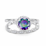 Two Piece Halo Wedding Ring Round Simulated Rainbow Topaz 925 Sterling Silver