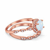 Two Piece Halo Engagement Ring Round Rose Tone, Lab Created White Opal 925 Sterling Silver