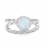 Two Piece Halo Wedding Ring Round Simulated CZ Lab White Opal 925 Sterling Silver