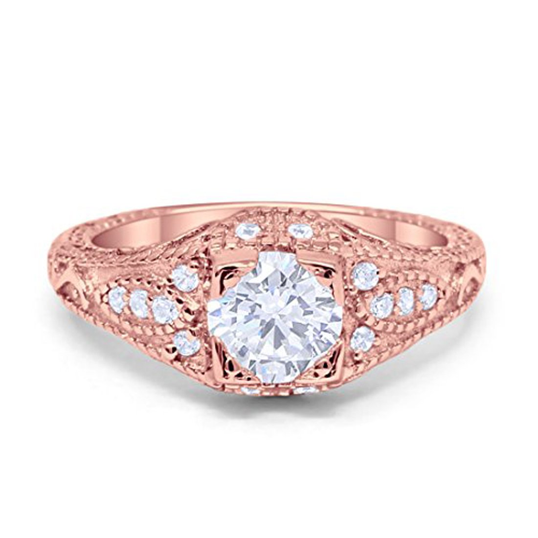 Vintage Design Solitaire Wedding Ring Rose Tone, Simulated CZ 925 Sterling Silver