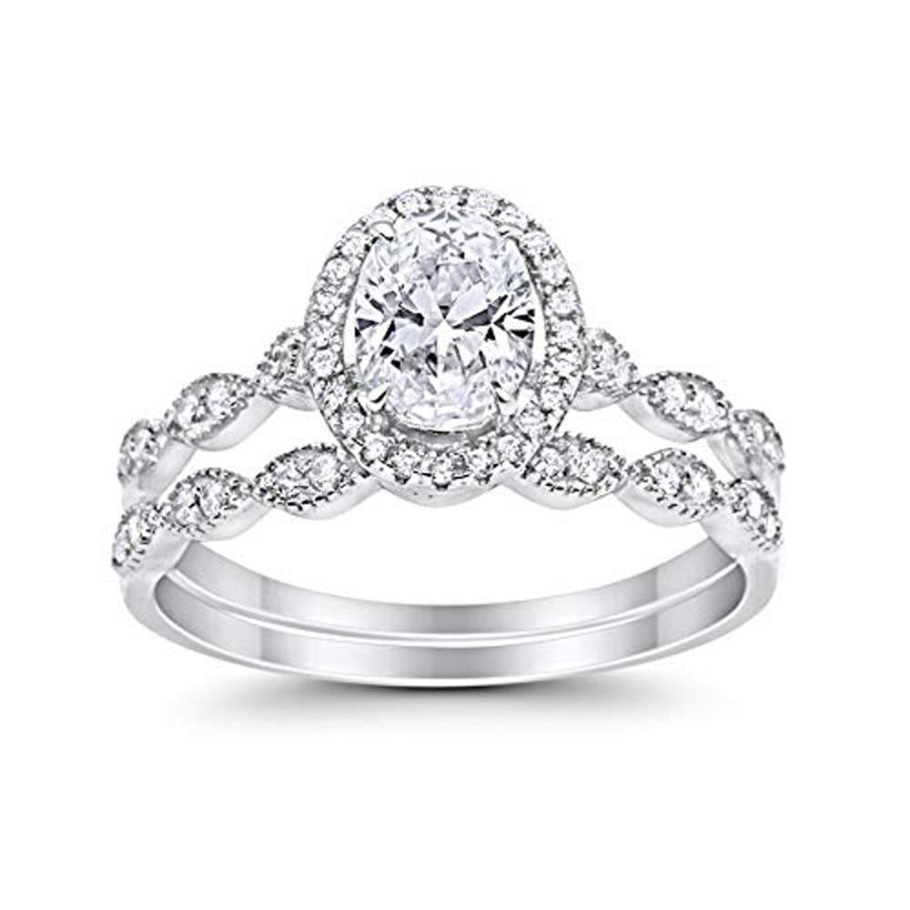 Halo Bridal Set Piece Oval Simulated Cubic Zirconia Ring 925 Sterling Silver