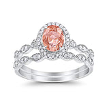 Halo Bridal Set Piece Oval Simulated Morganite CZ Ring 925 Sterling Silver