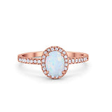 Halo Oval Rose Tone, Lab Created White Opal Wedding Ring 925 Sterling Silver