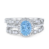 Three Piece Halo Engagement Ring Oval Simulated Aquamarine CZ 925 Sterling Silver