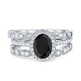 Three Piece Halo Engagement Ring Oval Simulated Black CZ 925 Sterling Silver