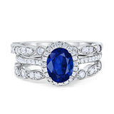 Three Piece Halo Engagement Ring Oval Simulated Blue Sapphire CZ 925 Sterling Silver