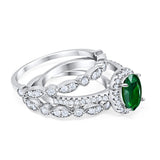 Three Piece Halo Engagement Ring Oval Simulated Green Emerald CZ 925 Sterling Silver