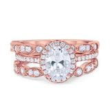 Three Piece Halo Engagement Ring Oval Rose Tone, Simulated CZ 925 Sterling Silver