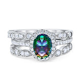 Three Piece Halo Engagement Ring Oval Simulated Rainbow CZ 925 Sterling Silver